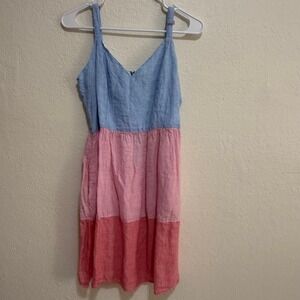 Cynthia Rowley 100% Linen Colorblock Mini Dress Blue Pink Coral Size 6 Pocket